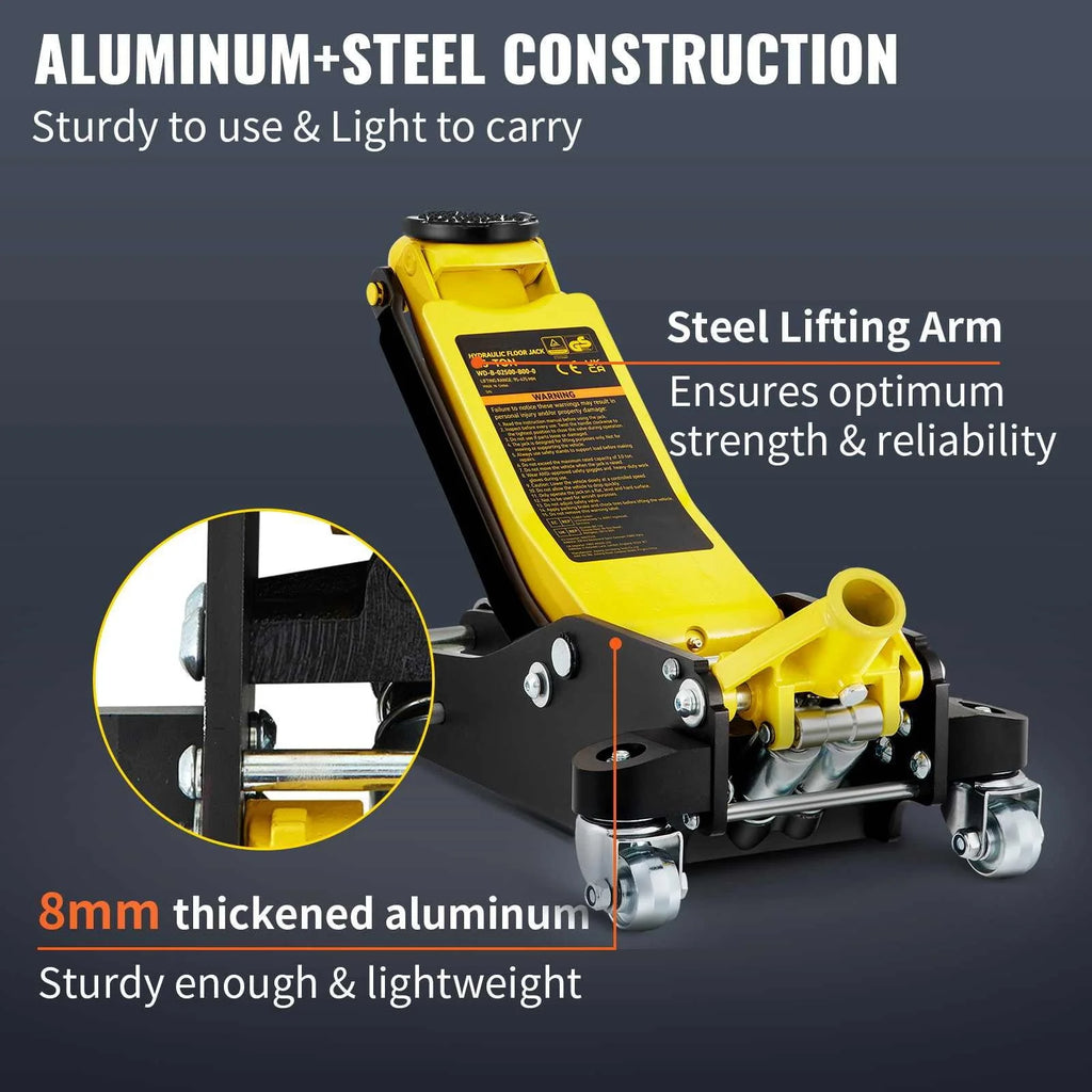 BENTISM Low Profile Floor Jack 2.5 Ton (5500 lbs), Aluminum and Steel Hydraulic Racing Floor Jack, Dual Piston Quick Lift Pump, 3-3/4-18-7/10 Height Lifting Range, Yellow+Black