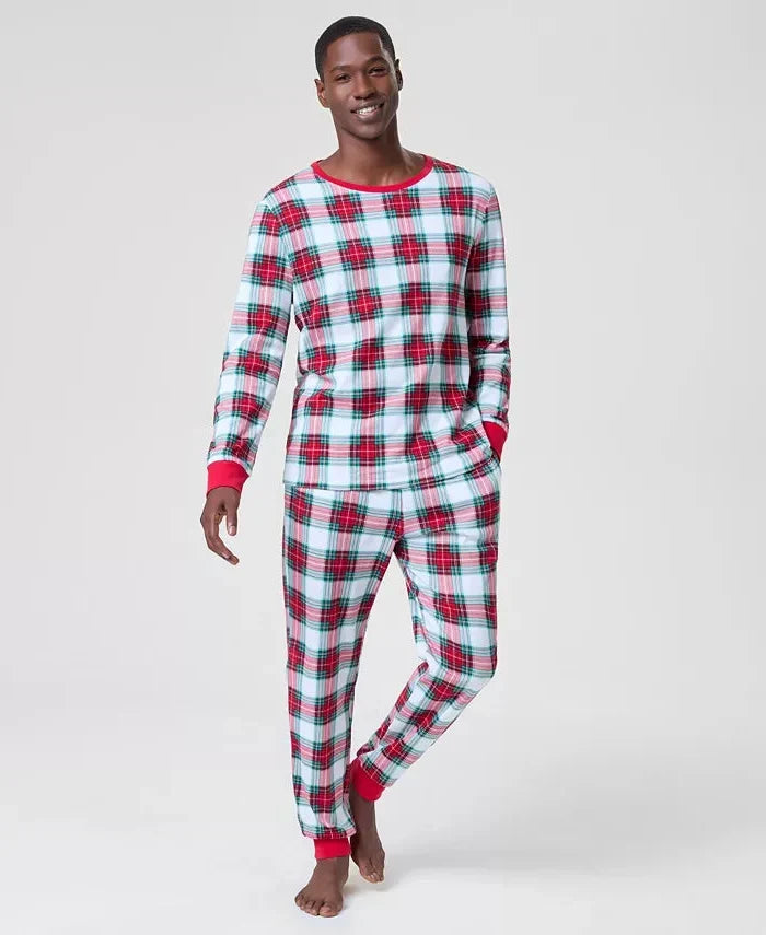 Plaid Flannel Pajama Set with Woven Cotton and Adjustable Drawstring, Long Sleeves