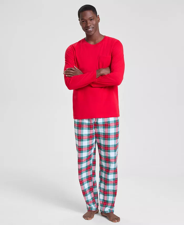Plaid Flannel Pajama Set with Crew Neck Top and Elastic Drawstring Pants