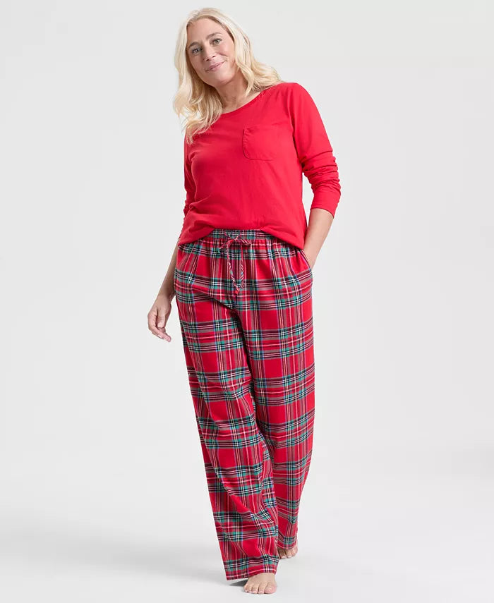 Plaid Pajama Set with Long Sleeve Crewneck Top and Drawstring Pants, Hip Pockets