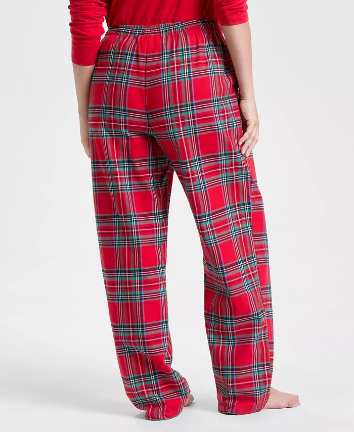 Plaid Pajama Set with Long Sleeve Crewneck Top and Drawstring Pants, Hip Pockets