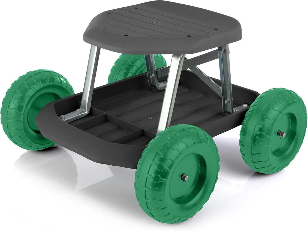 Pure Garden 82-VY021 Cart Rolling Stool with Wheels Seat, and Tool Tray for Weeding, Planting, or Lawn Care – Gardening Accessories and Supplies, 17.5x19, Green/Black