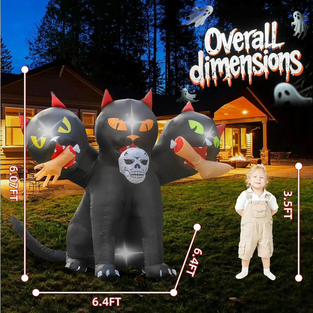 6.5 FT Halloween Inflatables Outdoor Black Cat with 3 Heads,Blow Up Yard Decoration with Magic Built-in LED Lights for Halloween Party Outdoor Yard Garden