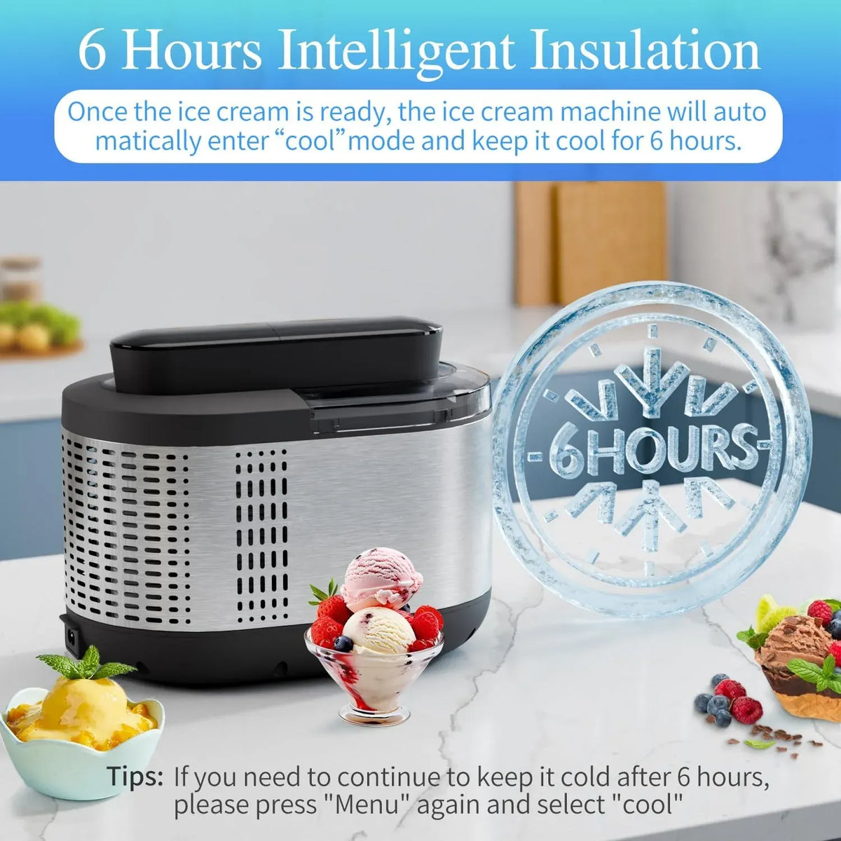 Ice Cream Maker Machine Automatic: TINANA Icecream Machine with LCD Display - Electric Gelato Maker - No Pre-freezing