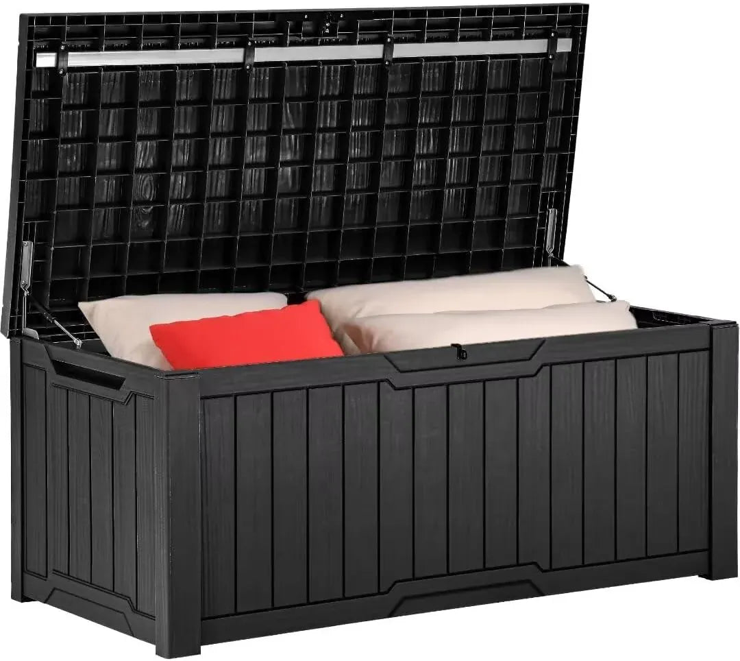 120 Gallon Outdoor Storage Deck Box with Cushion, Large Resin Patio Storage for Outdoor Pillows, Garden Tools and Pool-Supplies, Waterproof, Lockable (Taupe)