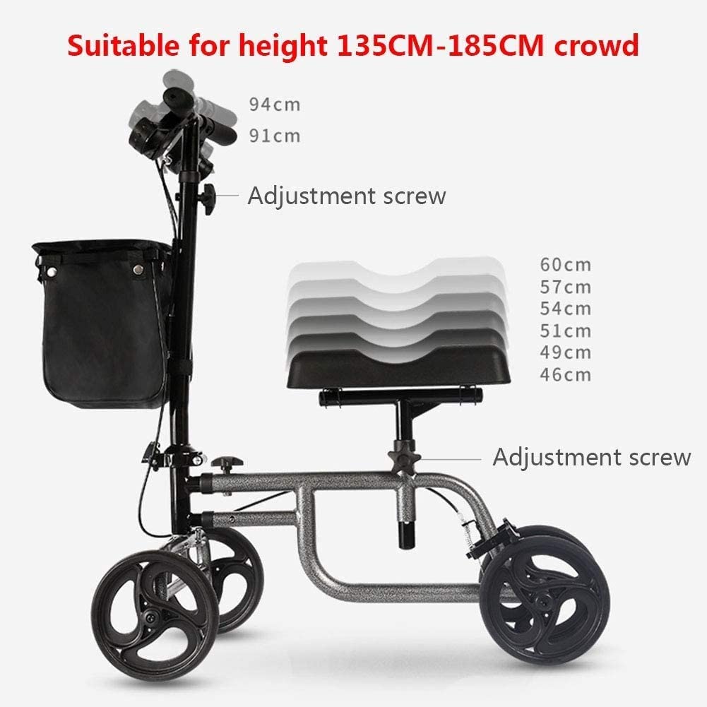 4 Wheels Knee Scooter Walker, All Terrain Rolling Steerable Adjusted Height Walking Aid with Storage Bags