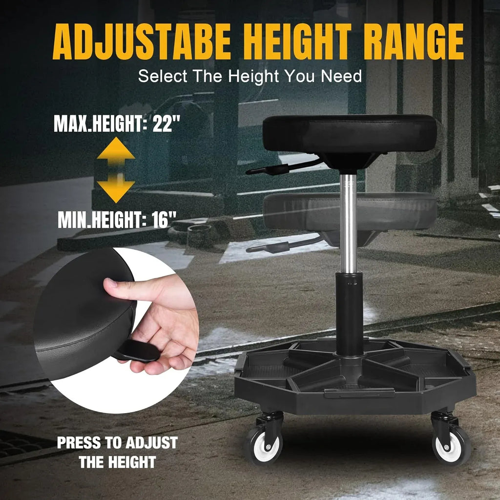 Rolling Garage Seat Adjustable Pneumatic Shop Creeper Seat 300Lbs Mechanic Stool with Wheels and Removable Tool Tray Storage Workshop Chair for Auto Repair