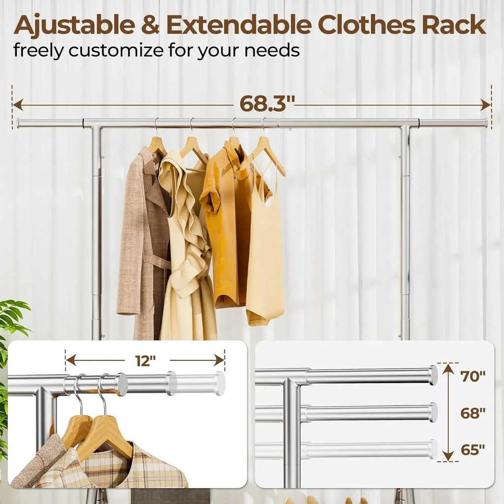 Heavy Duty Clothes Rack Load 450 LBS, Metal Garment Rack, Standing Rolling Clothing Rack for Hanging Clothes with Sturdy Wheels & Shelves, Portable Closet Wardrobe Rack,Sliver