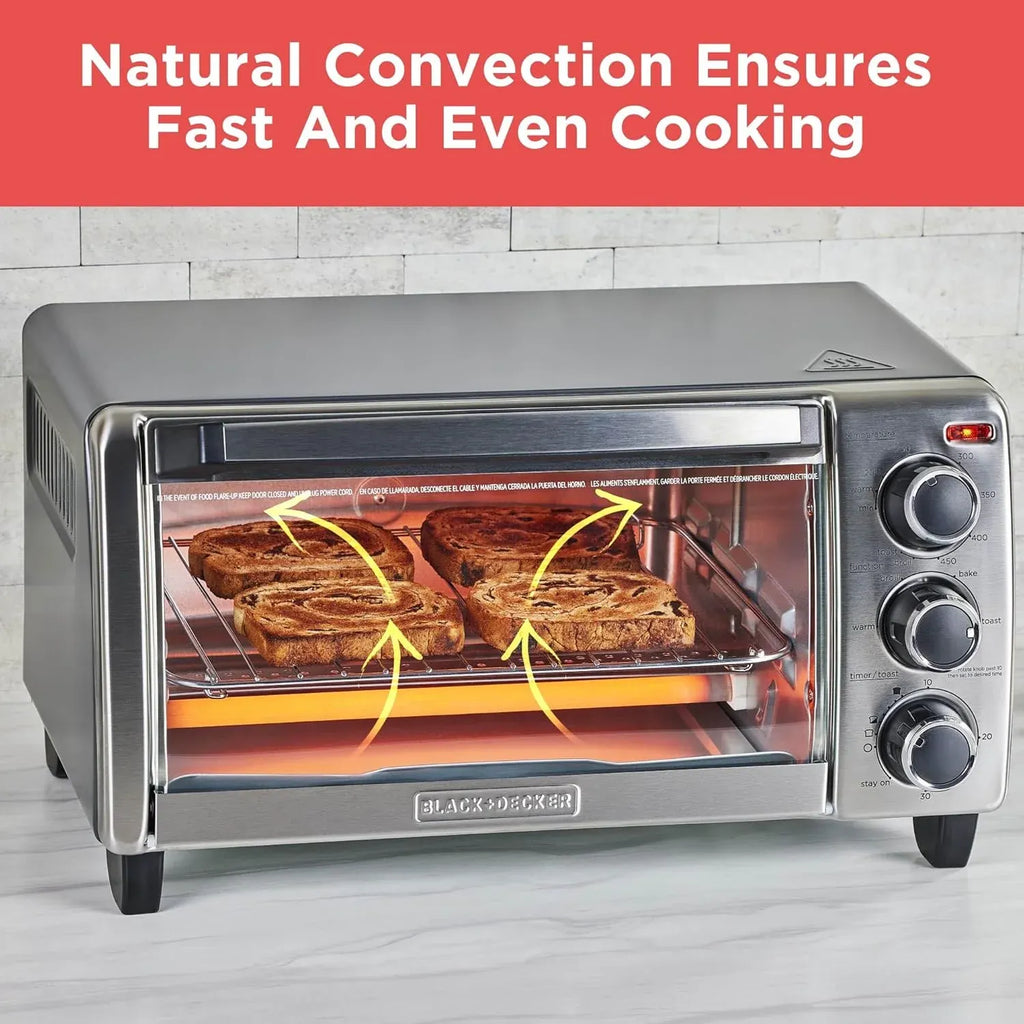 BLACK+DECKER 4-Slice Convection Oven, Stainless Steel, Curved Interior Fits a 9 inch Pizza, TO1313SBD