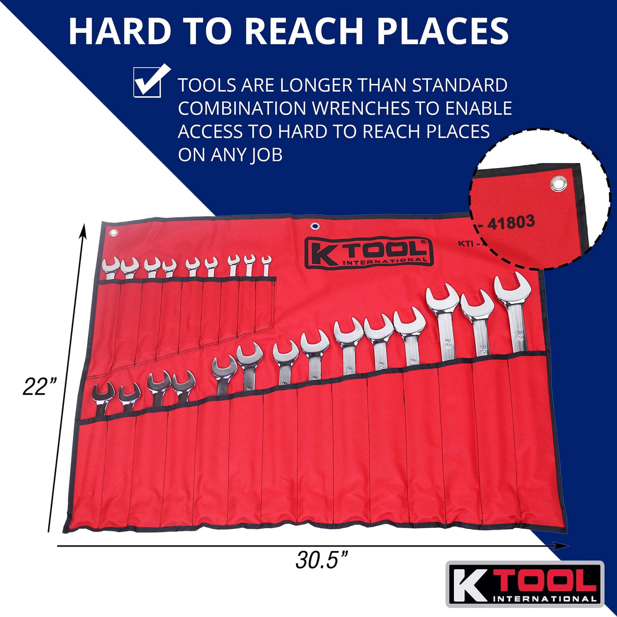 K Tool International 41803 Metric Combination Wrench Set for Garages, Repair Shops, and DIY, Chrome Plated, 12-point, Laser Engraved, Corrosion/Rust Resistant, 8-32mm Wrenches, 23-slot Sleeve