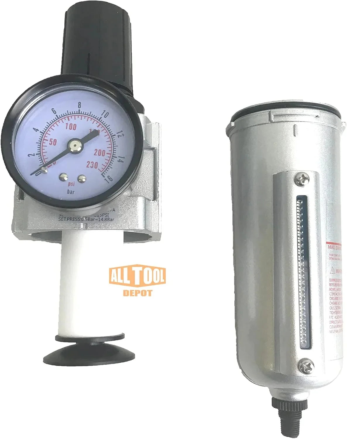 NPT HEAVY DUTY Compressed Air In Line Filter Regulator Combo Piggyback, Metal Bowl, 5 Micron , Adjustable From 7 to 175 PSI (AUTO DRAIN)