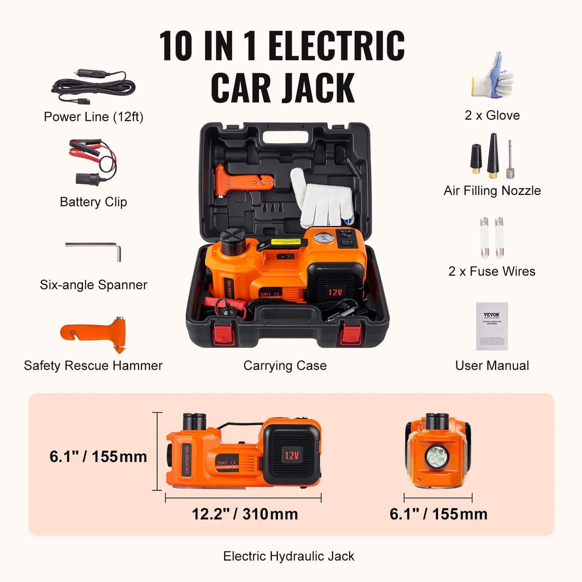 VEVOR Electric Car Jack, 5 Ton 12V Electric Hydraulic Car Floor Jack with Built-in Tire Inflator Pump for SUV Sedans