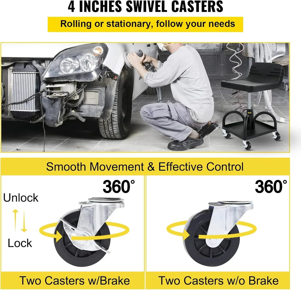 Mobile Rolling Seat, 300LBS Capacity, 15.7 to 20.5 Adjustable Height, Mechanic Rolling Stool with Swivel Wheels and Tool Tray, for Workshop, Auto Repair Shop, Black