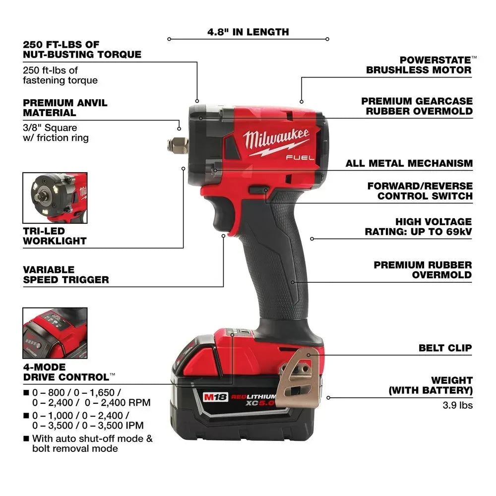 Milwaukee Pre-Sale 2854-22R M18 FUEL 18V 3/8 Compact Impact Wrench w/ Friction Ring Kit