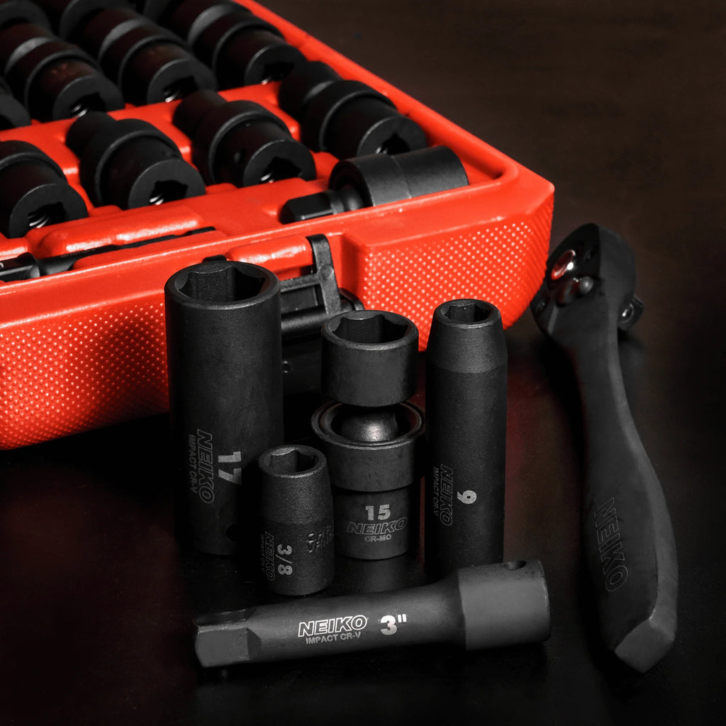 NEIKO 02471A Impact Socket Set, 3/8” Drive, 67 Piece, Metric and Standard Master Socket Set with Shallow & Deep Sockets, Ratchet, Swivel Sockets, Extension Bars, Adapters, Cr-V & Cr-Mo