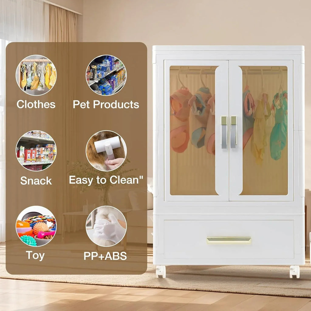 Pet Wardrobe Closet - Stackable Storage Bins with Doors, Wheels, and Hanging Rods - Stackable Drawers - Dog Accessories, Toys, Clothes