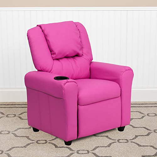 EMMA + OLIVER Beige Vinyl Kids Recliner with Cup Holder and Headrest
