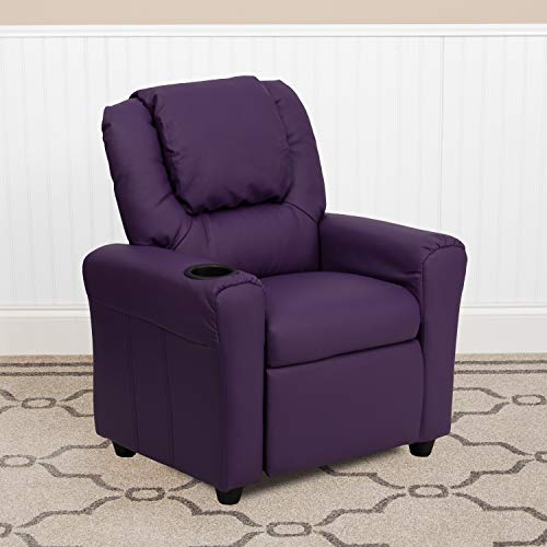 EMMA + OLIVER Beige Vinyl Kids Recliner with Cup Holder and Headrest
