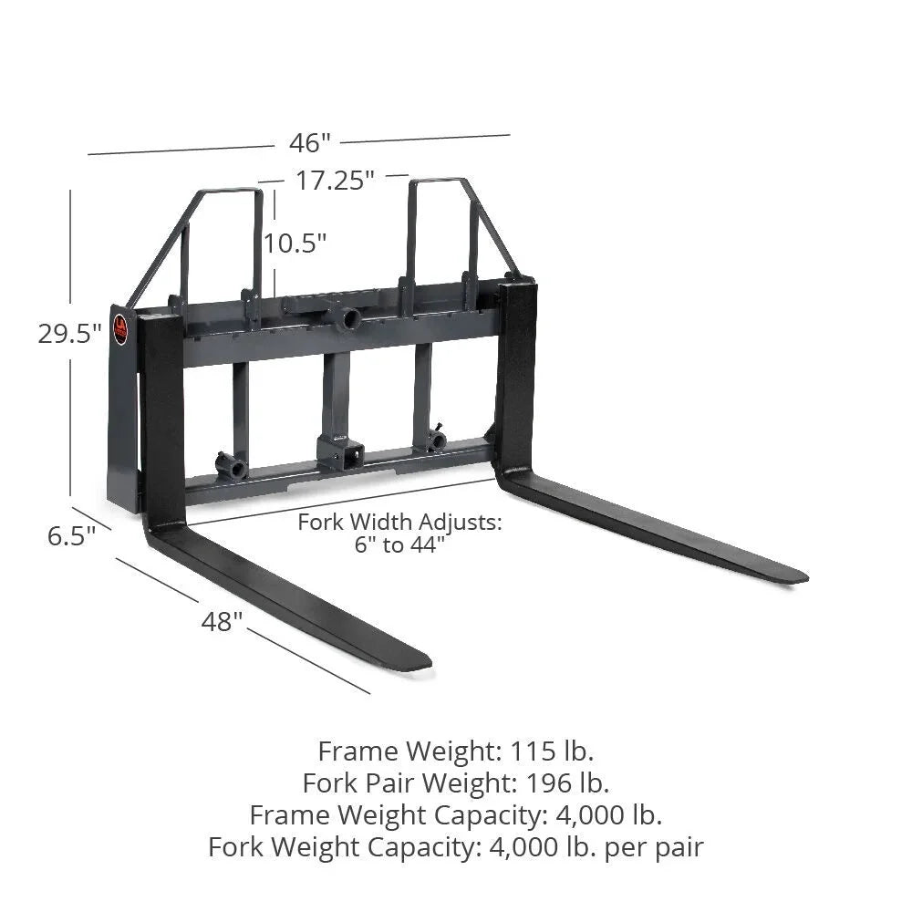 Titan Attachments UA USA Made Grey Step-Through Pallet Fork Frame Attachment, 48” Fork Blades, Rated 4,000 LB, Quick Tach Mounting