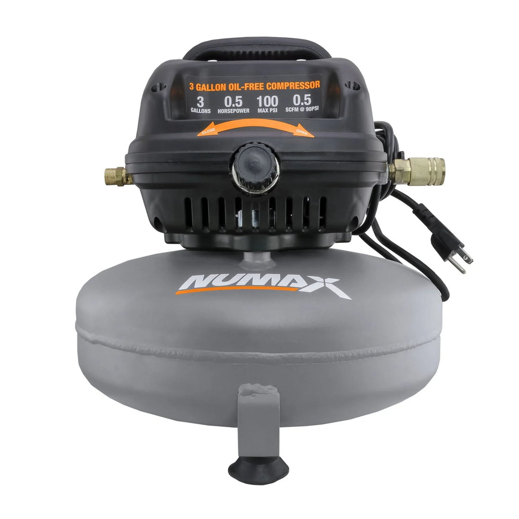 NuMax S3GI12CK 3 Gallon Oil-Free Air Compressor with Brad Nailer / Stapler, Air Hose, Inflation Kit & Fasteners
