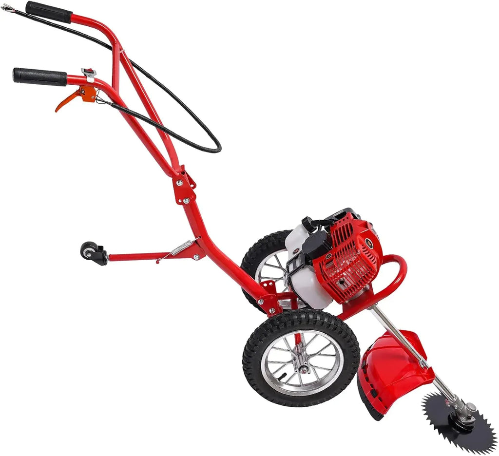 Walk Behind Weed Wacker Gas Powered 2-Stroke Lawn Mower, 2.41HP 49CC Air-Cooled Gasoline Garden Mower Weed Eater Brush Cutter with Wheels, Height Adjustable Grass Trimmer for Grass & Bush