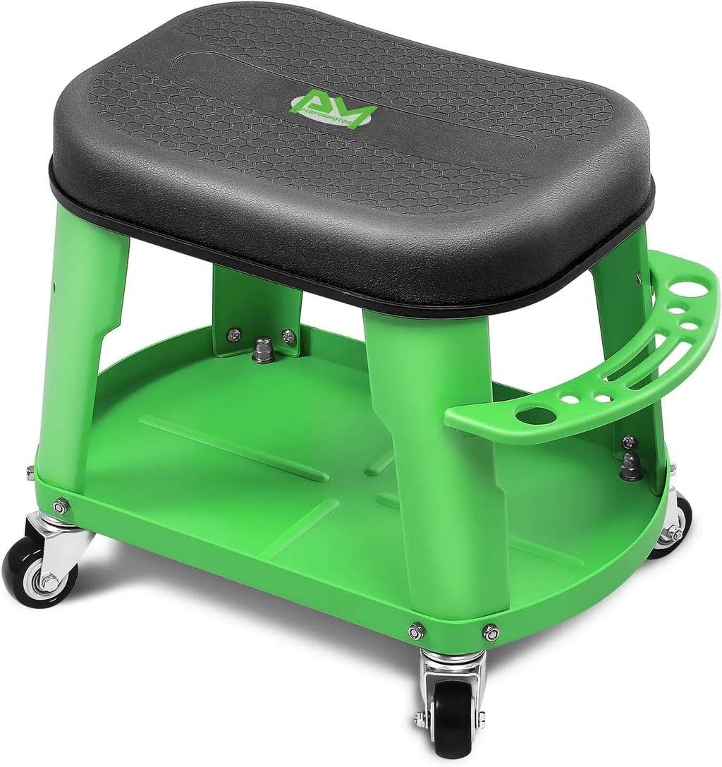 Adjustable Height Pneumatic Garage Seat Rolling Mechanic Stool with Tool Tray Storage,300lbs Max Weight Capacity, Green,PM-TOL-RTS-GR