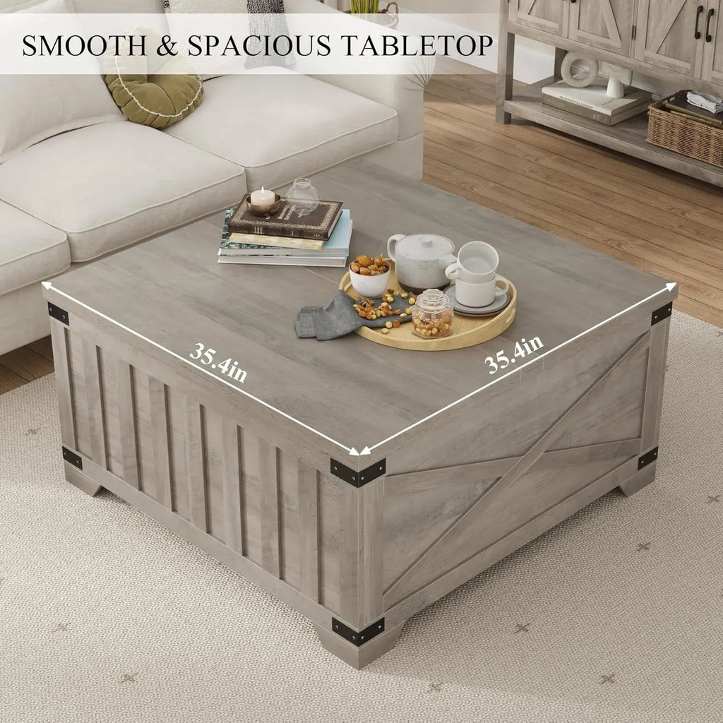 Farmhouse Coffee Table with Storage, Square Center Table with Hinged Lift Top