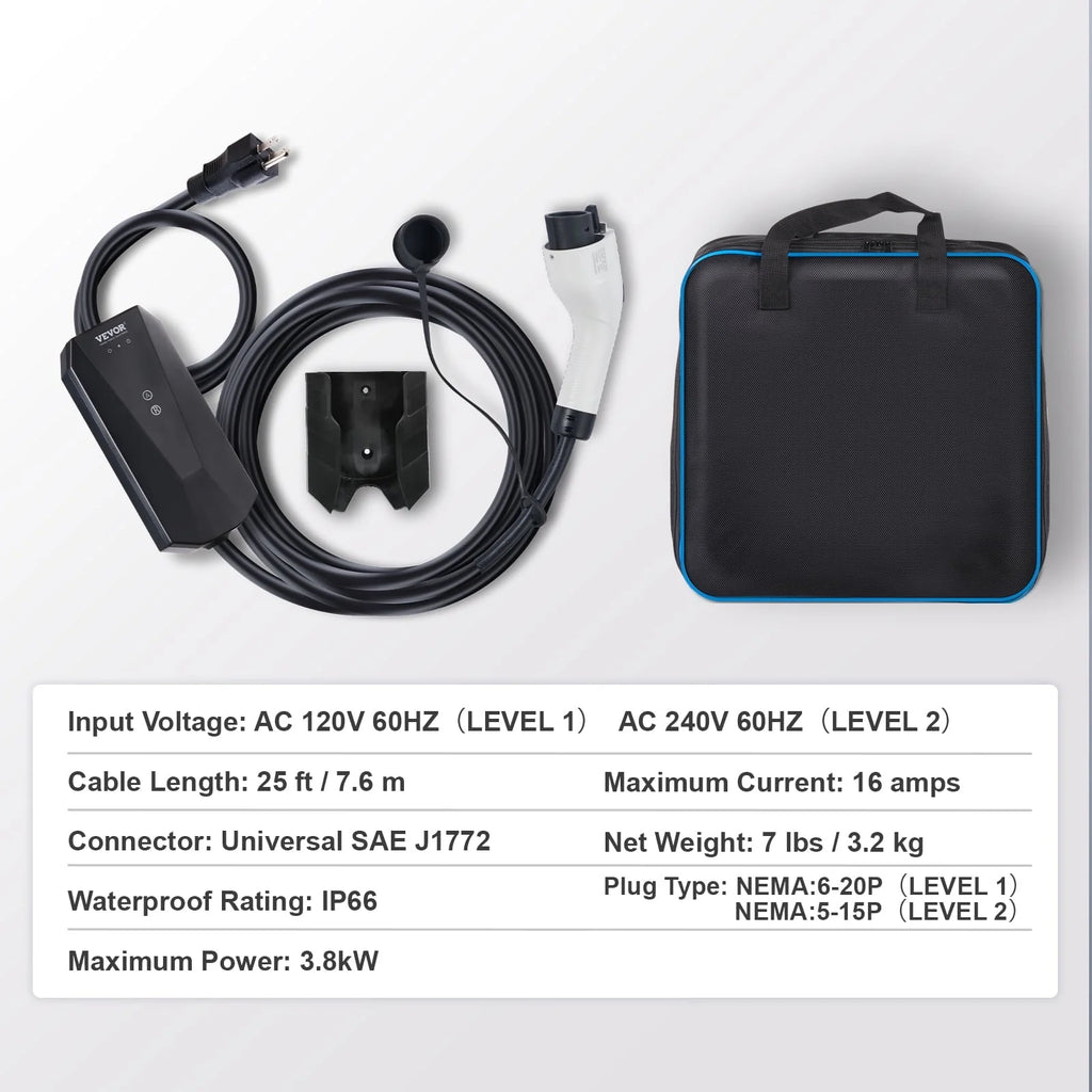BENTISM Level 1&2 Portable EV Charger (AC 120V, 16A) EV Car Charging Cable, IP66, NEMA 6-20P/5-15P 28 ft for Universal SAE J1772