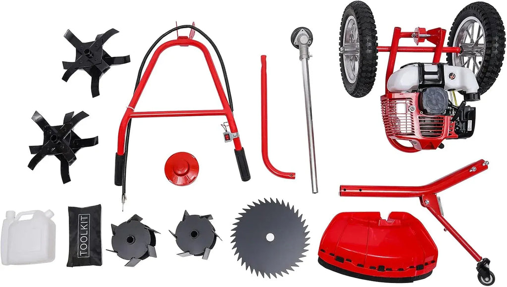 Walk Behind Weed Wacker Gas Powered 2-Stroke Lawn Mower, 2.41HP 49CC Air-Cooled Gasoline Garden Mower Weed Eater Brush Cutter with Wheels, Height Adjustable Grass Trimmer for Grass & Bush