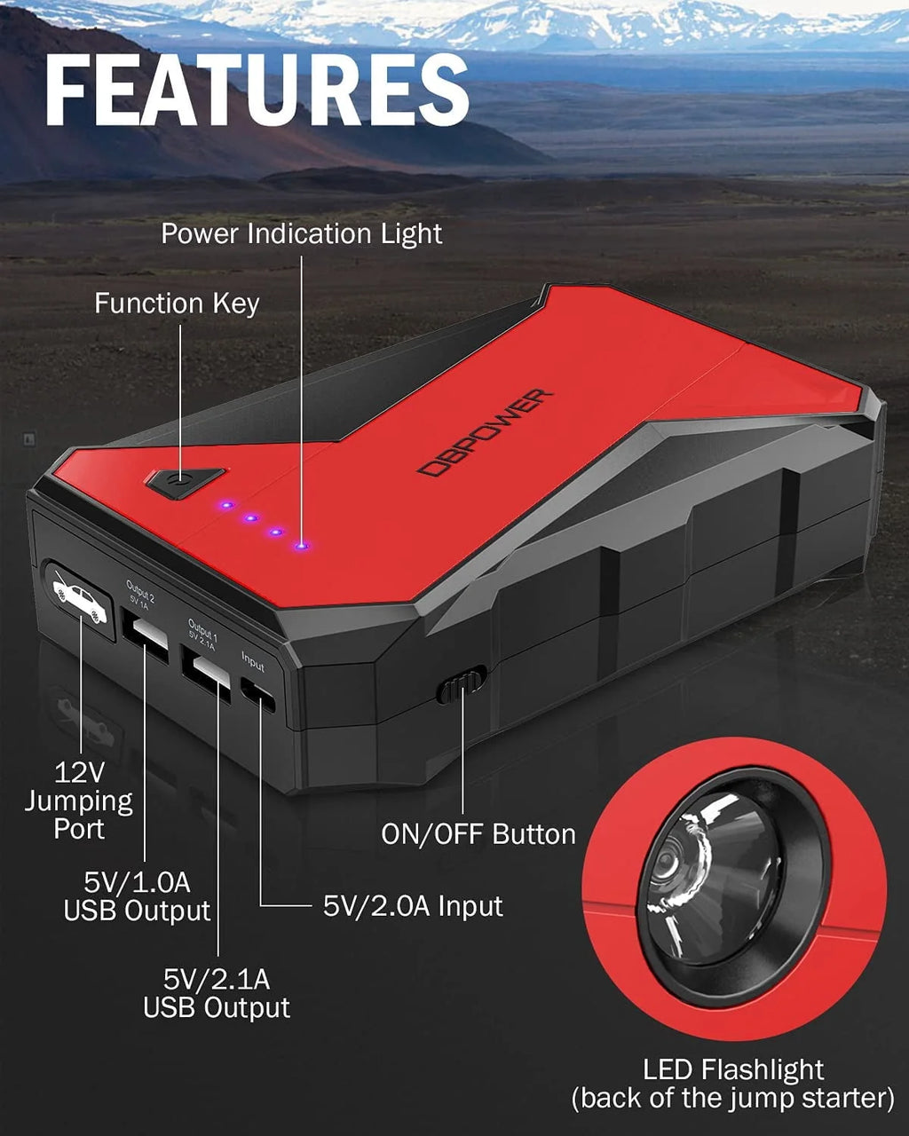 DBPOWER 1000A Portable Car Jump Starter 12V Lithium-Ion Auto Battery Booster Power Pack