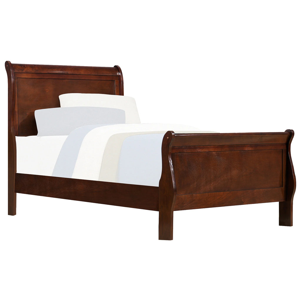 GeeHome Classic Louis Philipe Style Twin Size Bed Brown Cherry Finish 1pc Traditional Design Bedroom Furniture Sleigh Bed