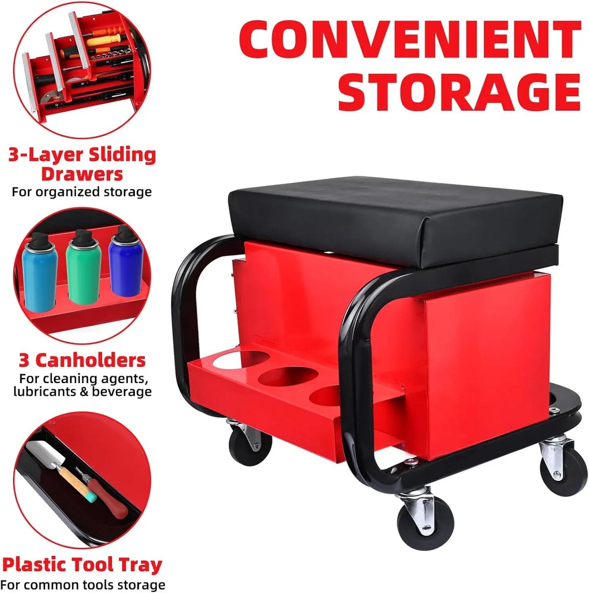 Toolly Mechanic Stool with Wheels, Padded Creeper Seat with 3 Drawers and Cupholder, Rolling Shop Stool Tool Box Chair for Garage and Workshop, 300 Lbs Capacity