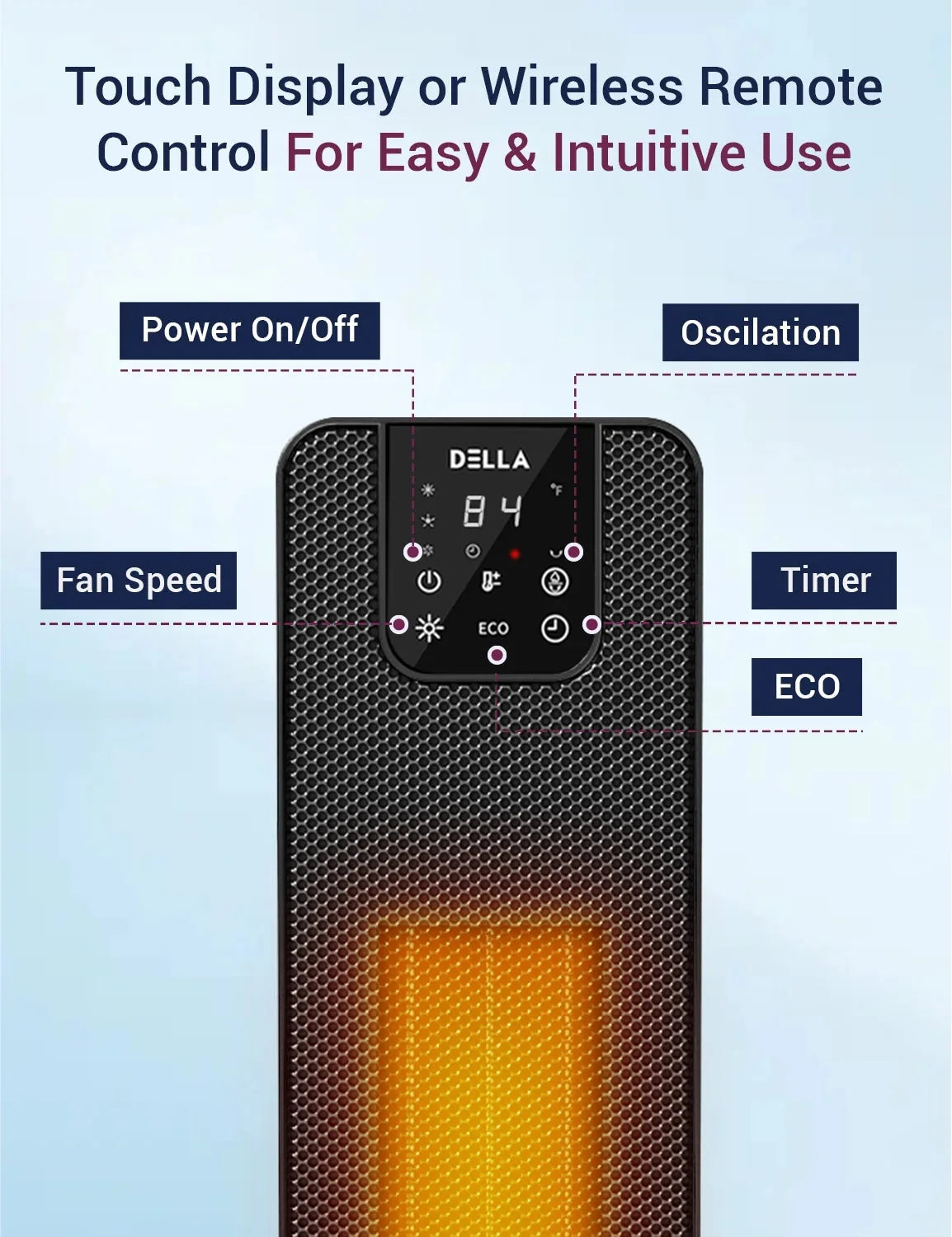 DELLA 26 1500W PTC Fast and Quiet Ceramic Portable Electric Space Heaters with Realistic 3D Flame & Fire Crackling Sound, 3 Modes, Eco, LED Display, Remote, Safety Indoor Room Tower Heater Fan, Black