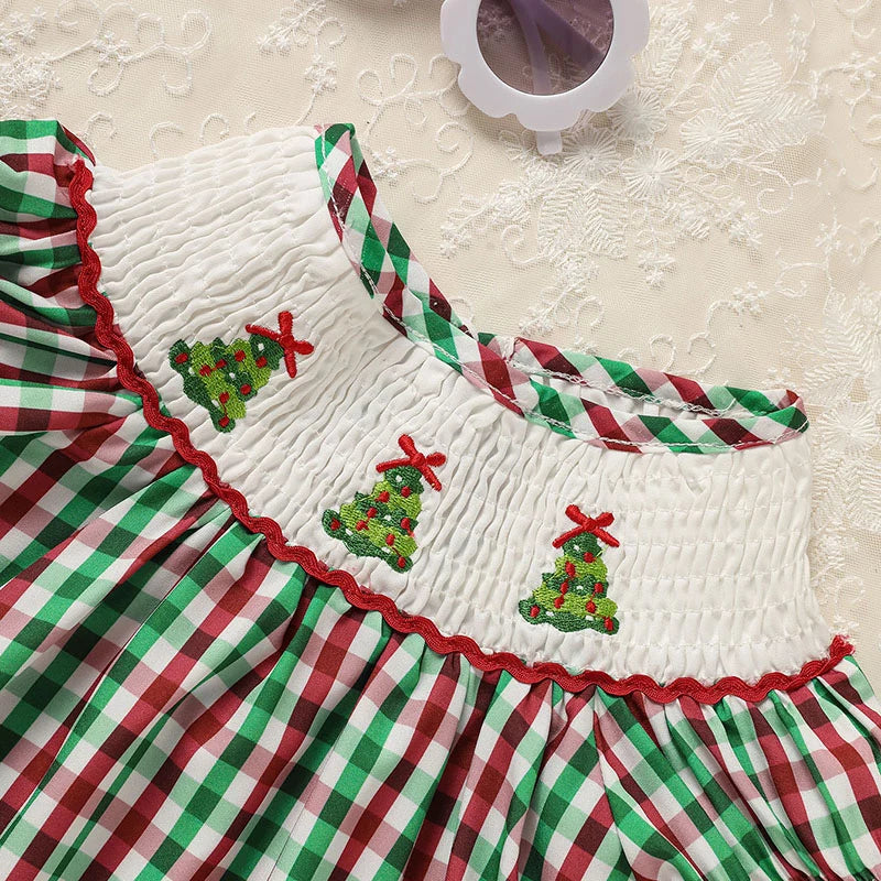 Toddler Infant Baby Girls Christmas Dress Short Sleeve Christmas Tree Embroidered Plaid Casual Party Dresses
