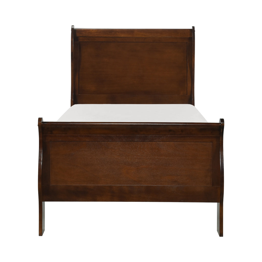 GeeHome Classic Louis Philipe Style Twin Size Bed Brown Cherry Finish 1pc Traditional Design Bedroom Furniture Sleigh Bed