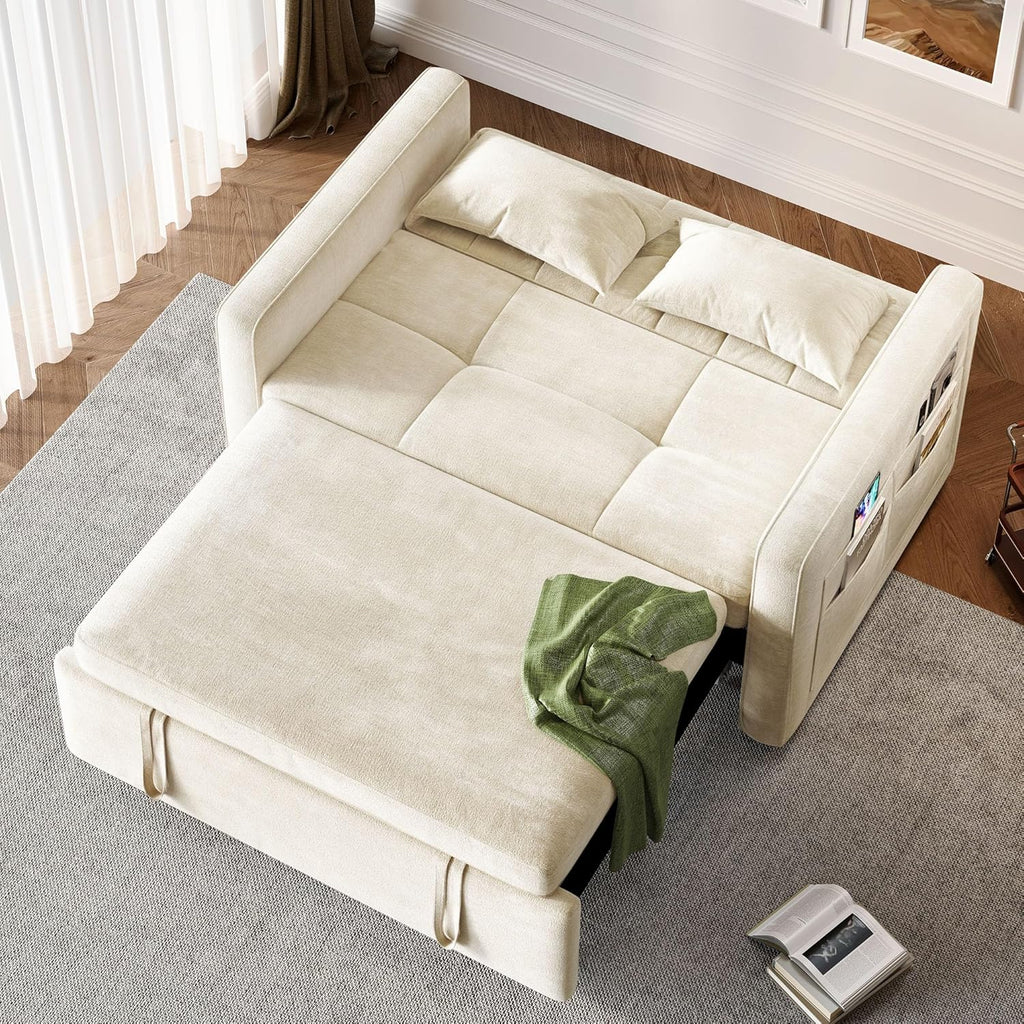 3-in-1 Convertible Sofa Bed, 55 Sleeper Sofa with Pull-Out Bed, Cat-Scratch-Proof Fabric Futon Couch with Adjustable Backrest and Side Pocket, Loveseat for Living Room Apartment, Grey