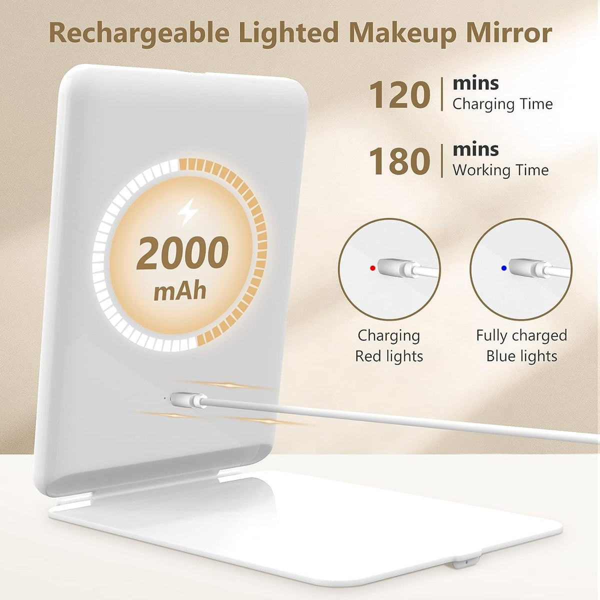 Portable Makeup Mirror with Dual Magnification and Adjustable LED Light, 7x5 Inch