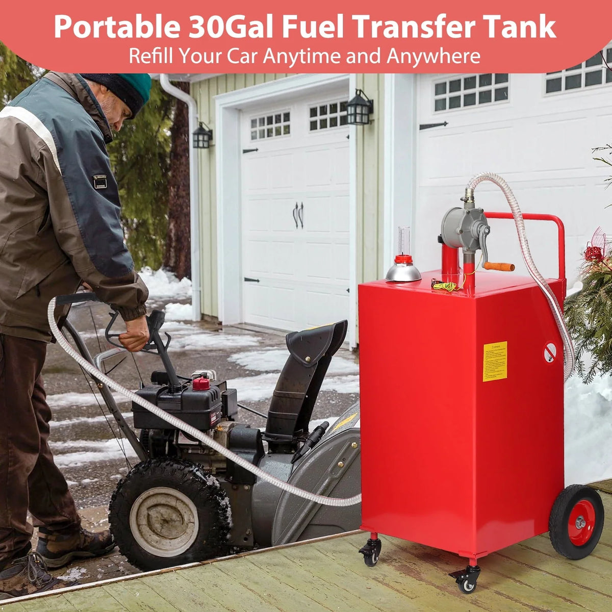 Fuel Caddy, 30 Gallon Portable Gas Storage Tank On 4 Wheels with Manual Transfer Pump, Gasoline Diesel Fuel Container with Manual Transfer Siphon Pump, for Cars, Lawn Mowers, ATVs, Boats