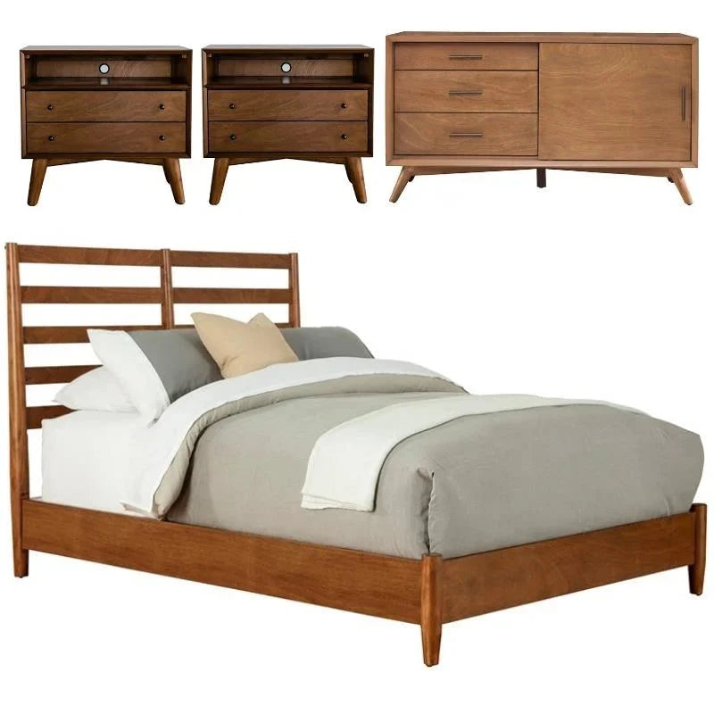 Home Square 4 Piece Set with Small TV Console Full Wood Bed & Large Nightstand