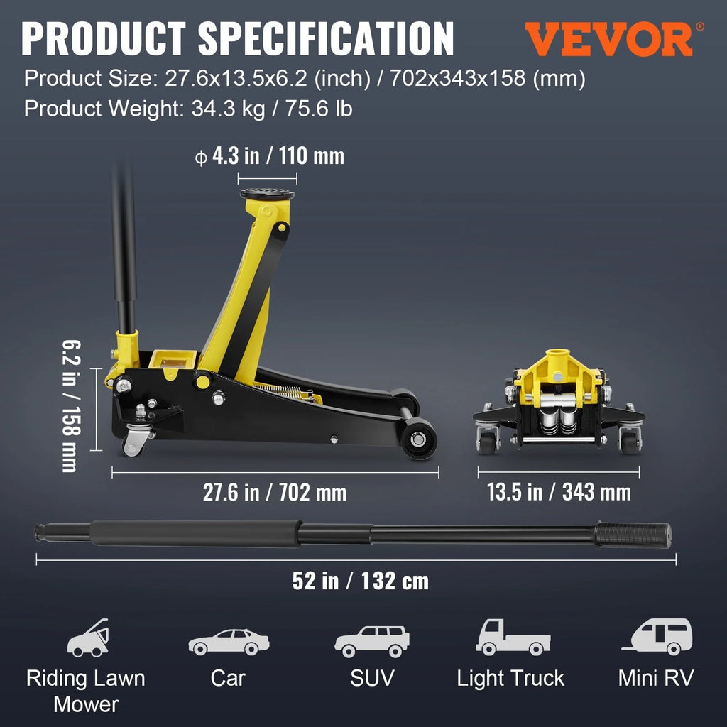 BENTISM Low Profile Floor Jack 3 Ton Heavy Duty Steel Dual Piston Rapid Pump