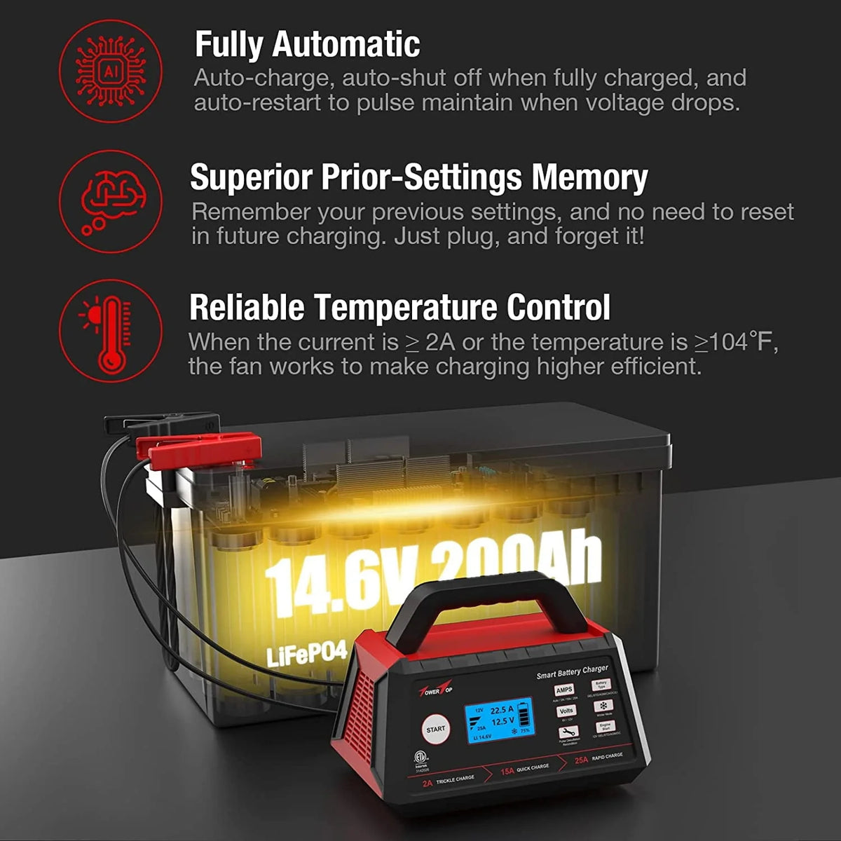 TowerTop 2/15/25A Battery Charger, 6V/12V Fully Automatic Smart Trickle Charger, Automotive Car Battery Maintainer for Lead-Acid and LiFePO4 Lithium Batteries