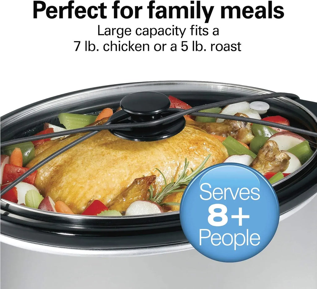 Hamilton Beach 7-Quart Portable Slow Cooker Serves 8+, Dishwasher Safe Crock, Lid Latch Strap for Travel, Brushed Silver
