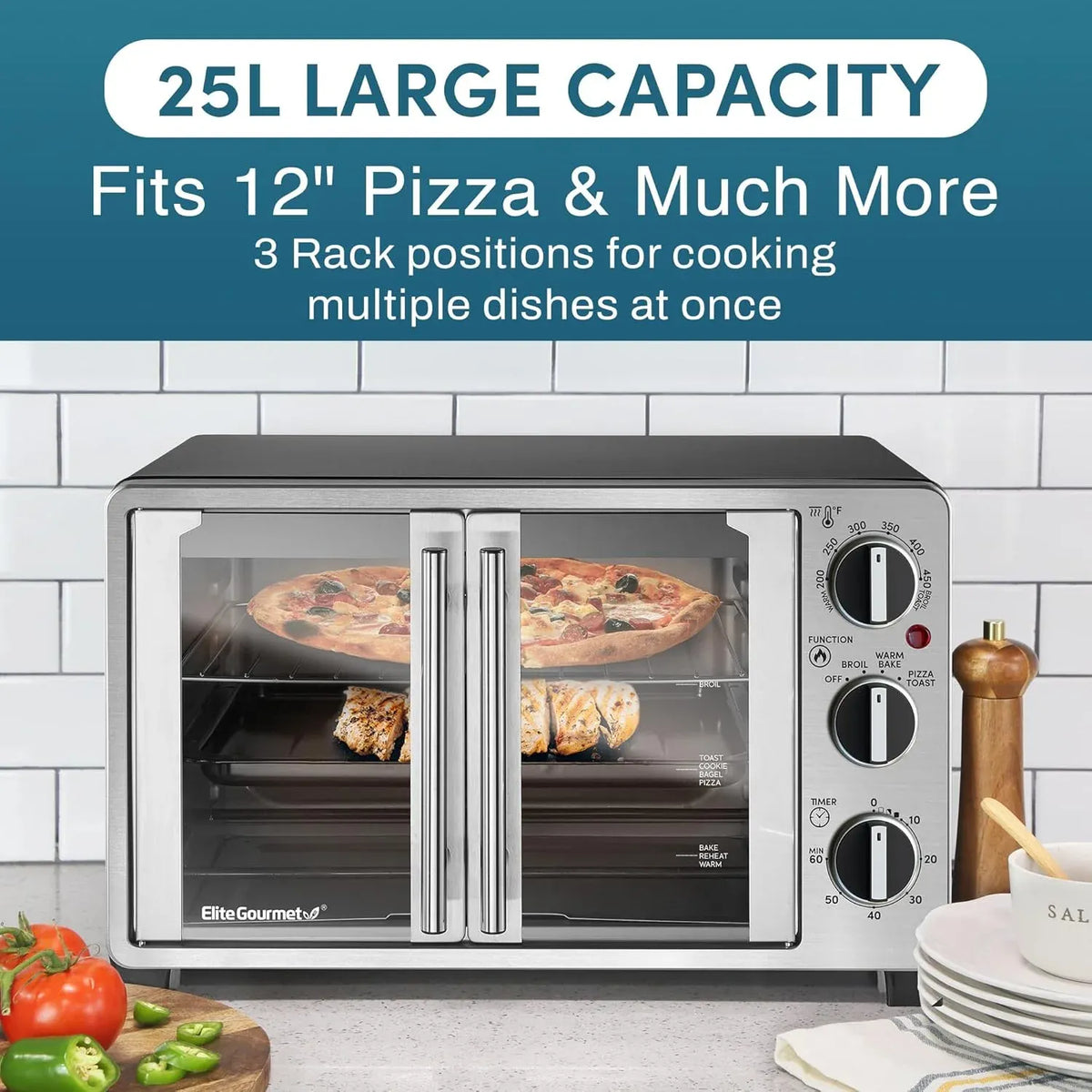 Elite Gourmet ETO2530M Double French Door Countertop Toaster Oven, Bake, Broil, Toast, Keep Warm, Fits 12 pizza, 25L capacity, Stainless Steel & Black