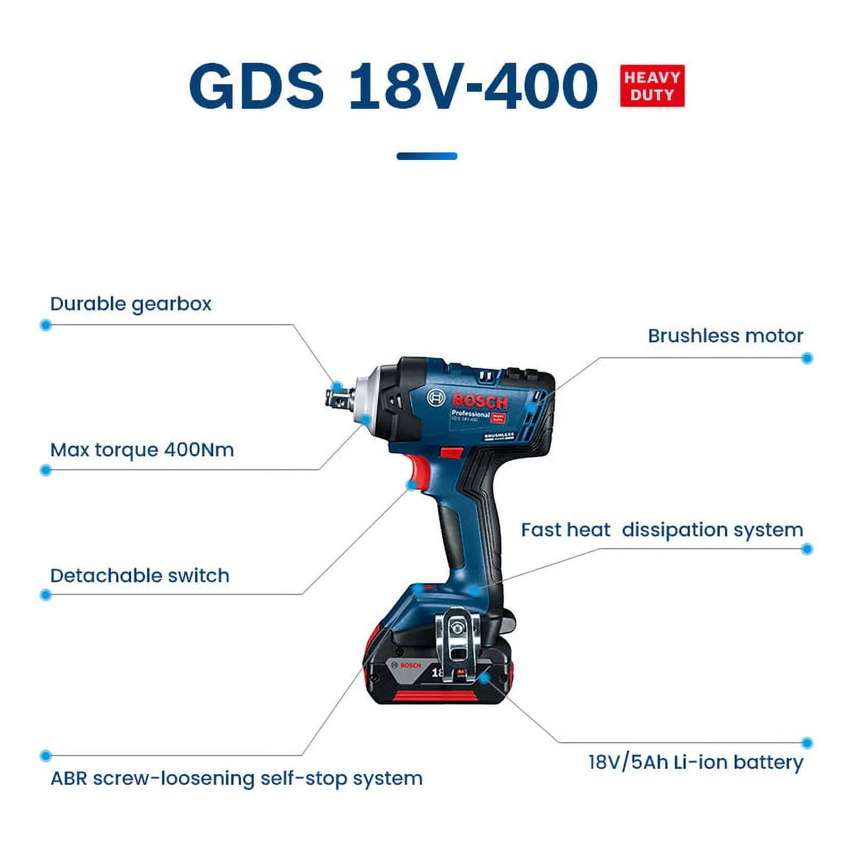 Bosch Impact Wrench 18V Brushless Lithium 400N.m High Torque Rechargeable GDS 18V-400 Electric Wrench Cordless Power Tools