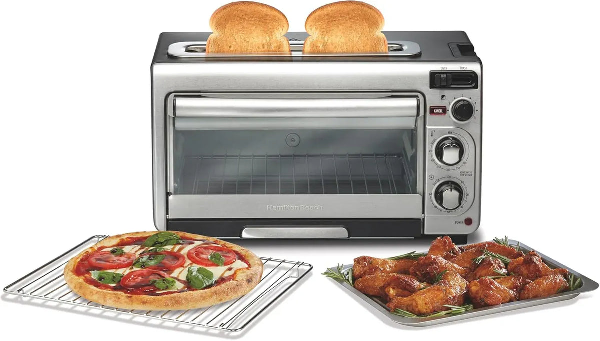 Hamilton Beach 2-in-1 Countertop Toaster Oven and Long Slot 2 Slice Toaster, 60 Minute Timer and Automatic Shut Off, Shade Selector, Stainless Steel (31156)