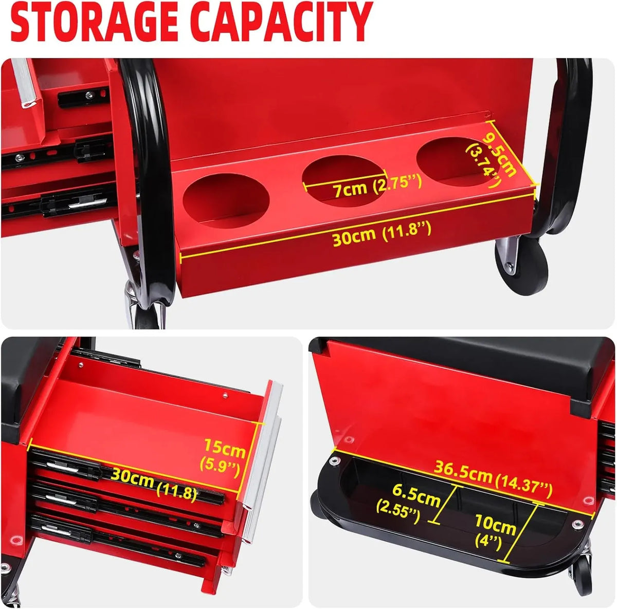 Toolly Mechanic Stool with Wheels, Padded Creeper Seat with 3 Drawers and Cupholder, Rolling Shop Stool Tool Box Chair for Garage and Workshop, 300 Lbs Capacity