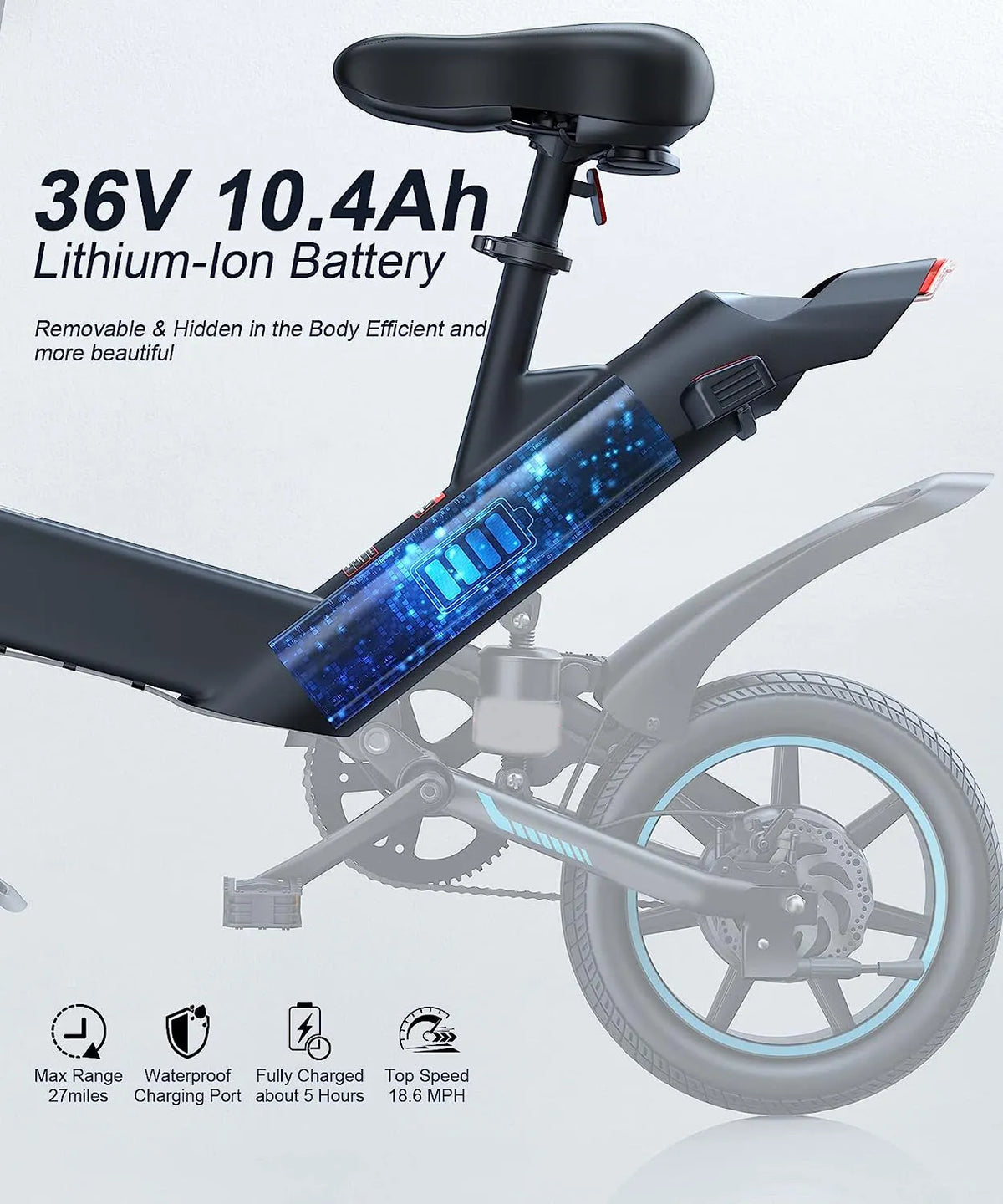 Electric Bike, Electric Bicycle with 18.5mph Electric Bikes for Adults Teens E Bike with Pedals, 14