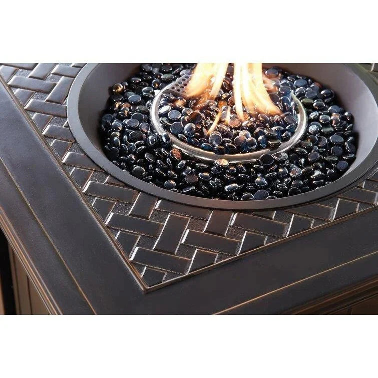 5-Piece Steel Patio Fire Pit Conversation Set with Navy Blue Cushions, Swivel Gliders and Square Fire Pit Table