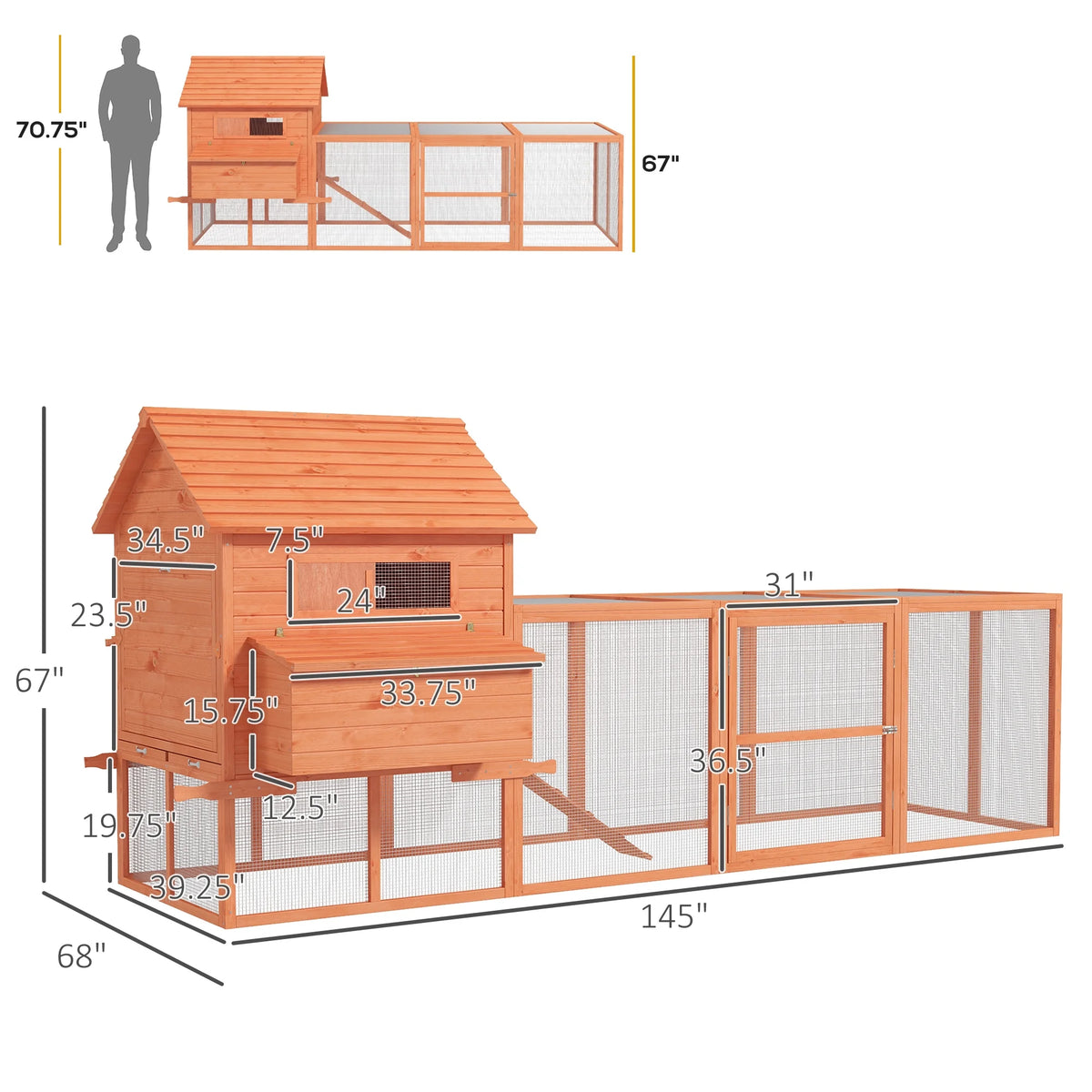 PawHut 145 Chicken Coop Large Chicken House Rabbit Hutch Wooden Poultry Cage Pen Garden & Backyard with Run & Inner Hen House Space