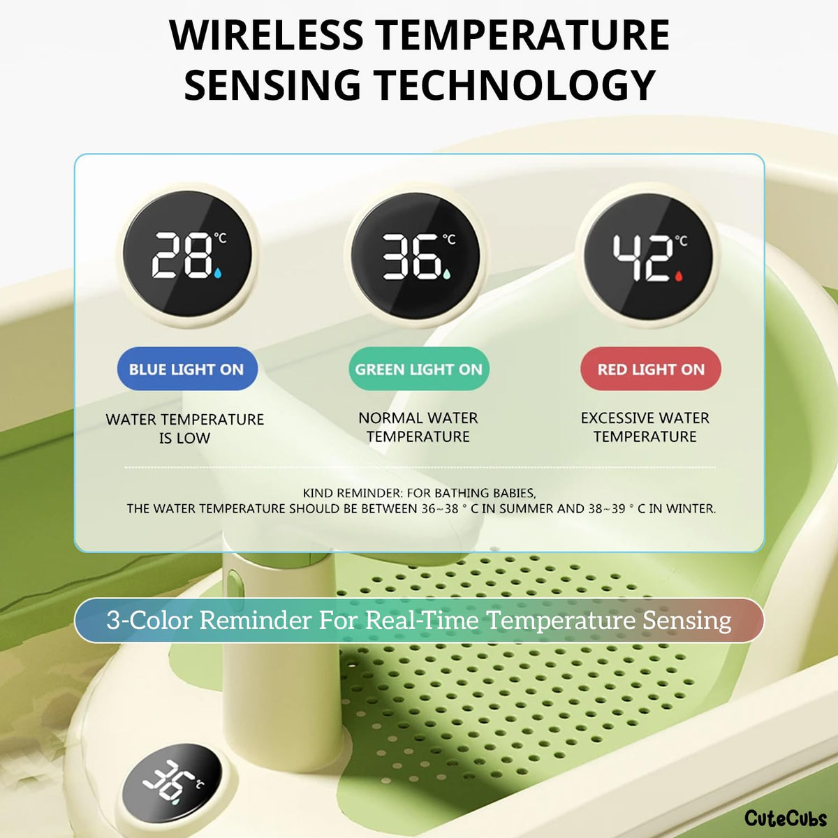Infant Bathtub Seat with Wireless Water Thermometer and Mesh  Support